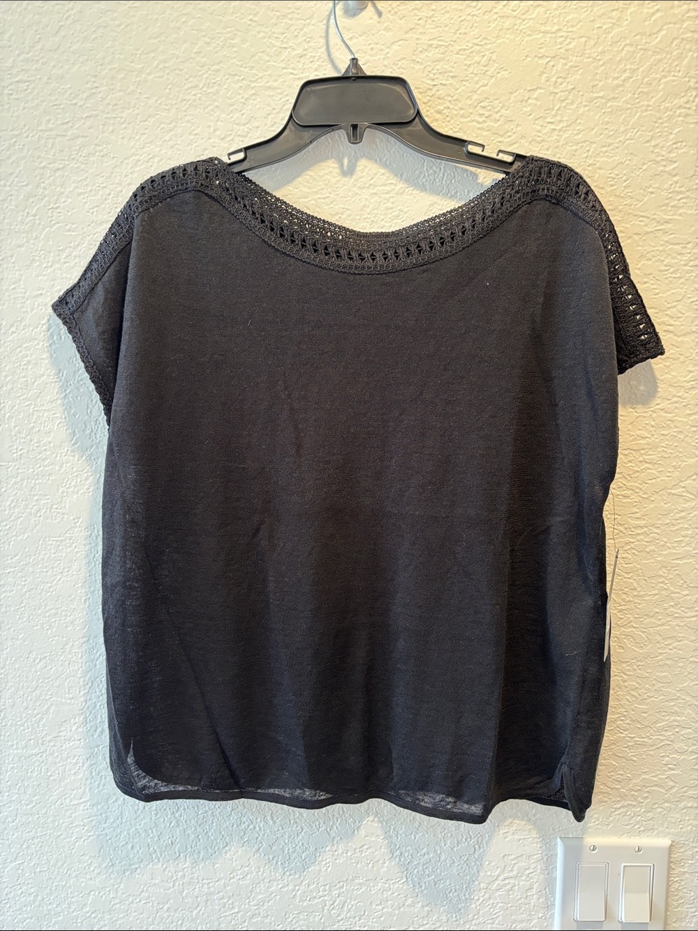 NIC+ZOE Black Crochet-Trim Short Sleeve Knit Top